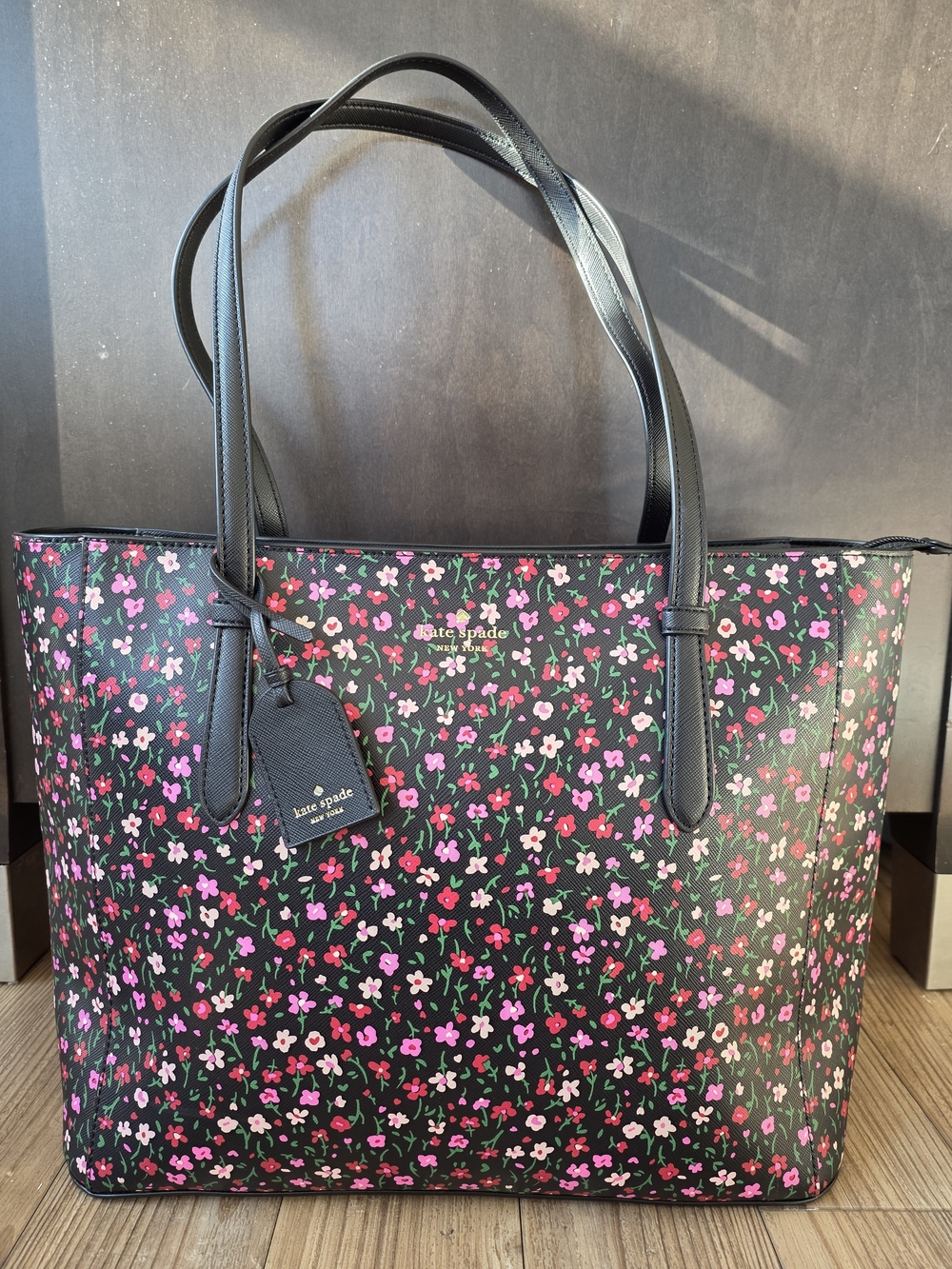 NWOT Kate Spade Black Floral Tote Bag - Pink & Green Accent